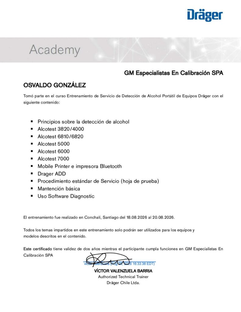 Certificado Dräger: Detección de alcohol portátil