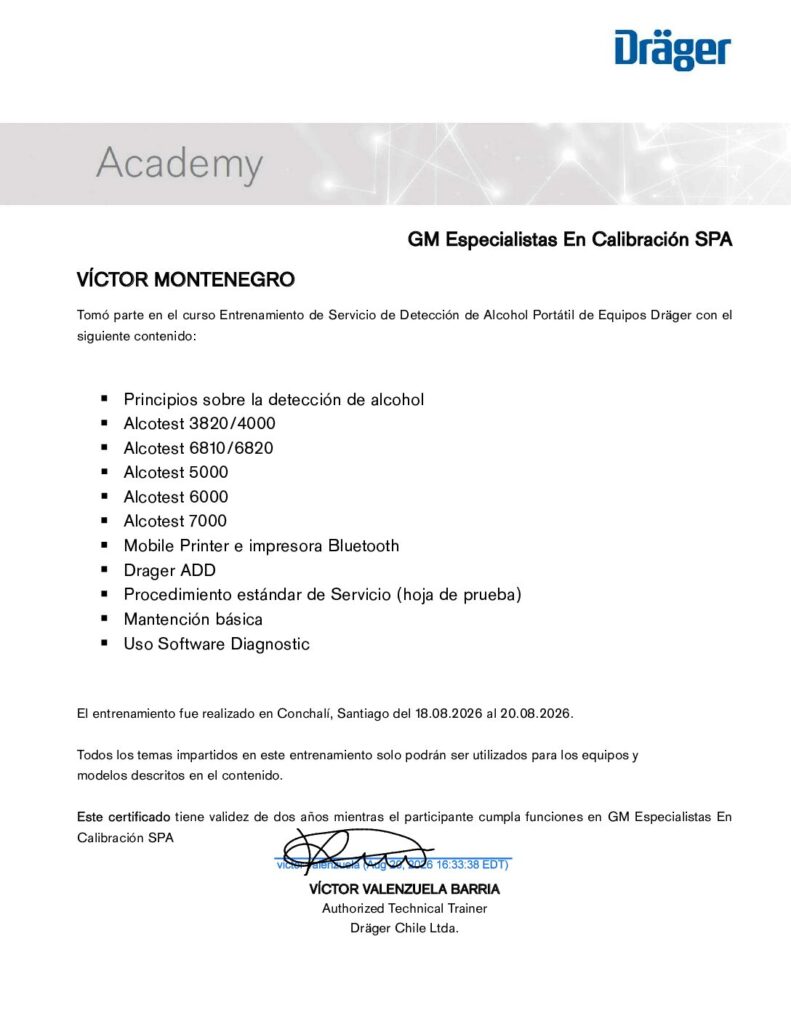 Certificado Dräger: Detección de alcohol portátil