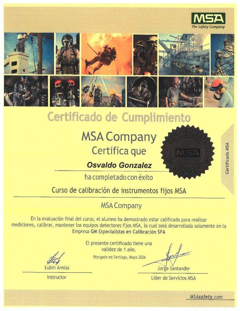 Certificado MSA: Calibración de instrumentos fijos