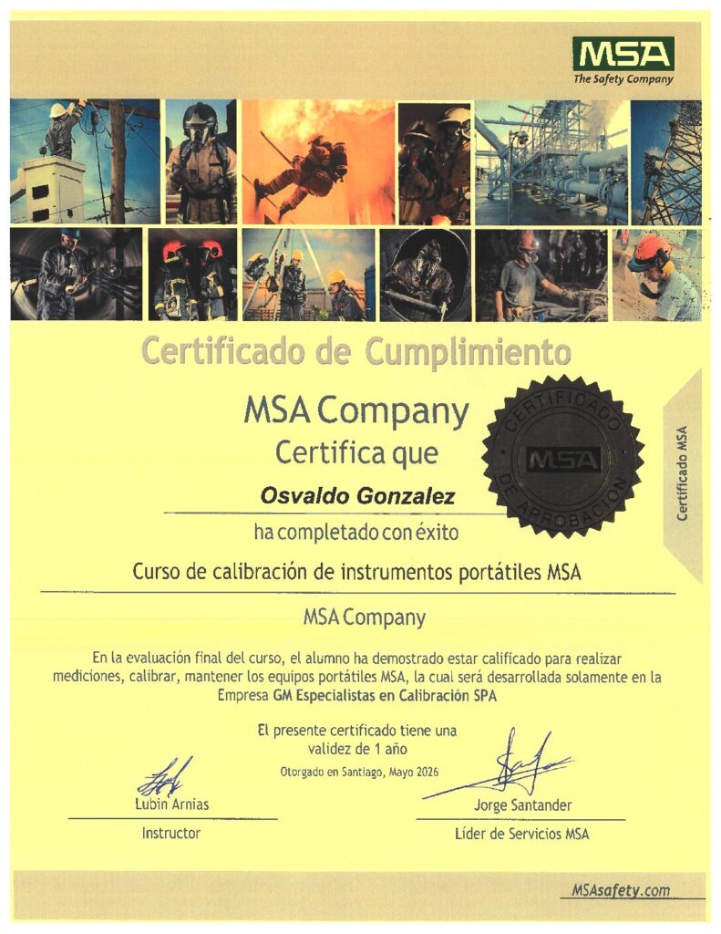 Certificado MSA: Calibración de instrumentos portátiles