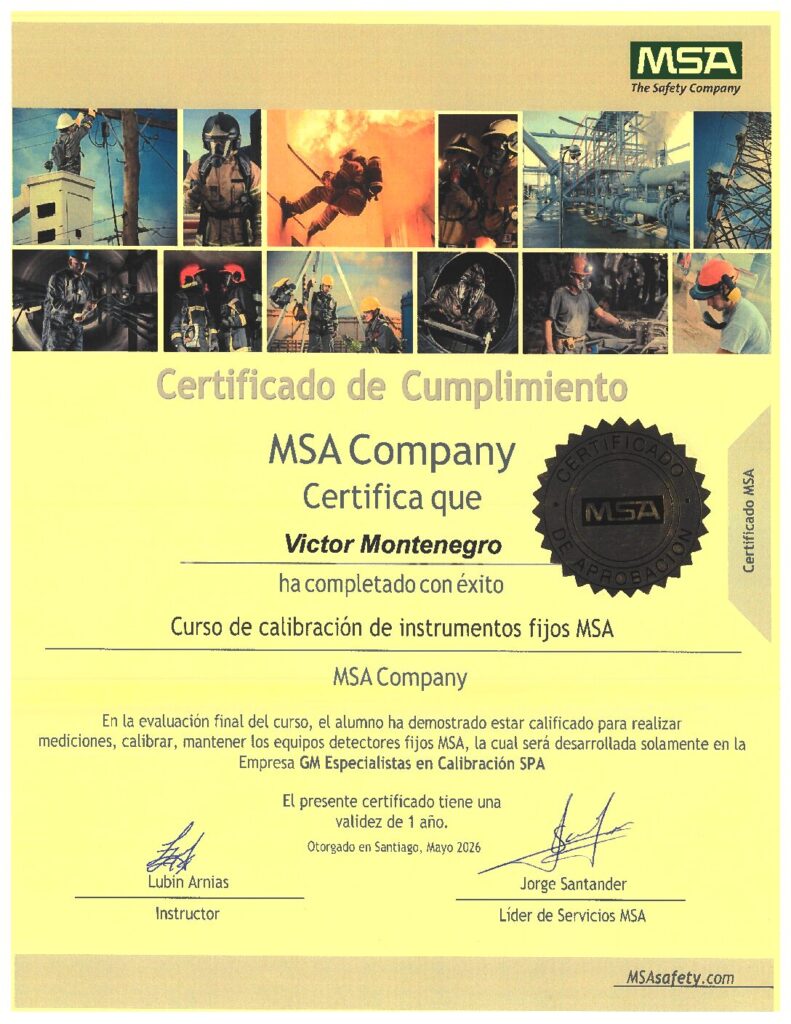 Certificado MSA: Calibración de instrumentos fijos